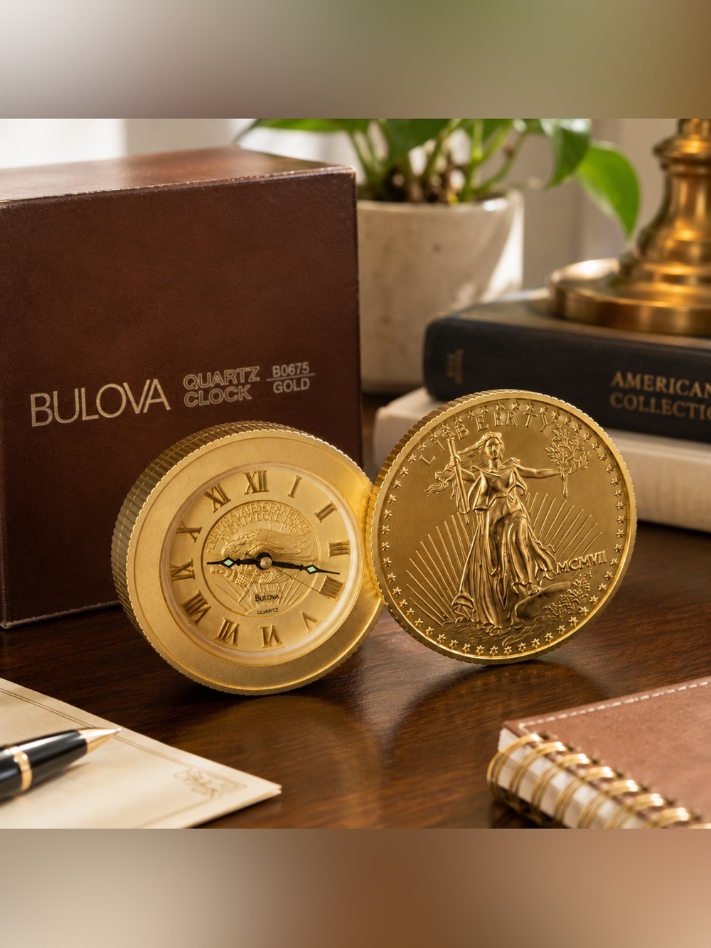 BULOVA Walking Liberty Gold Coin Desk Alarm Clock 
Americana Collection B0675